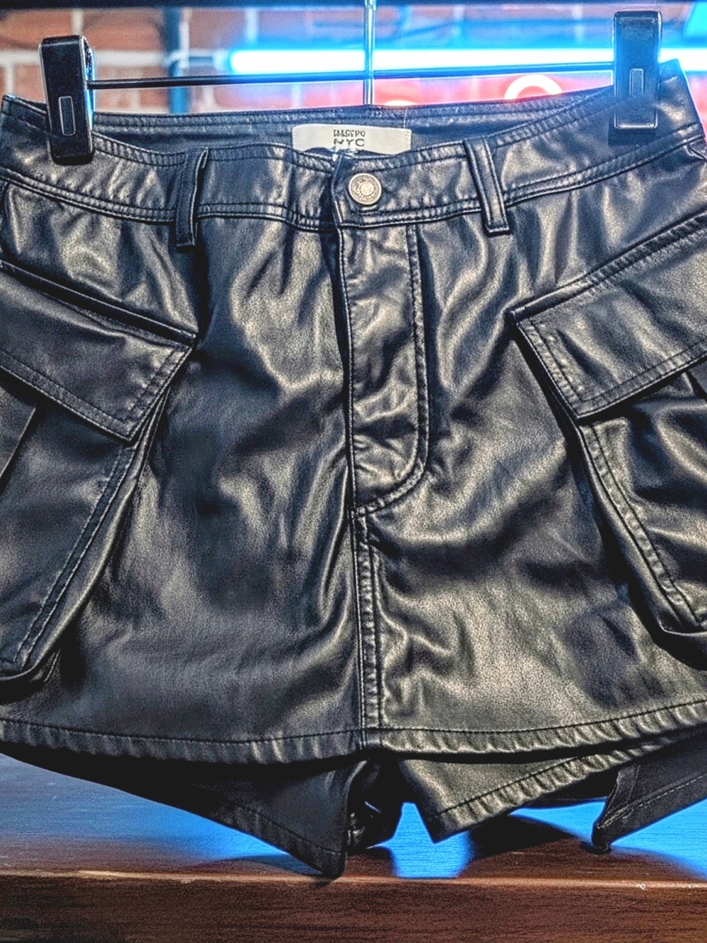 High-Shine Black Faux Leather Cargo Shorts by Balspo NYC